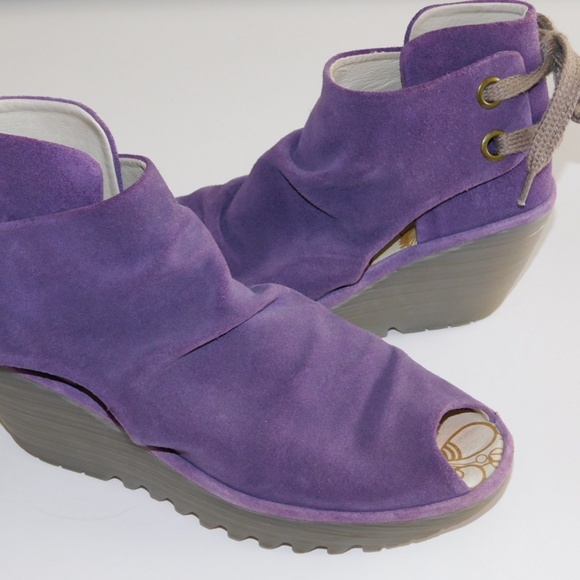 FLY LONDON purple suede wedge Yame peep toe sandals 38 us 8 - Picture 1 of 8